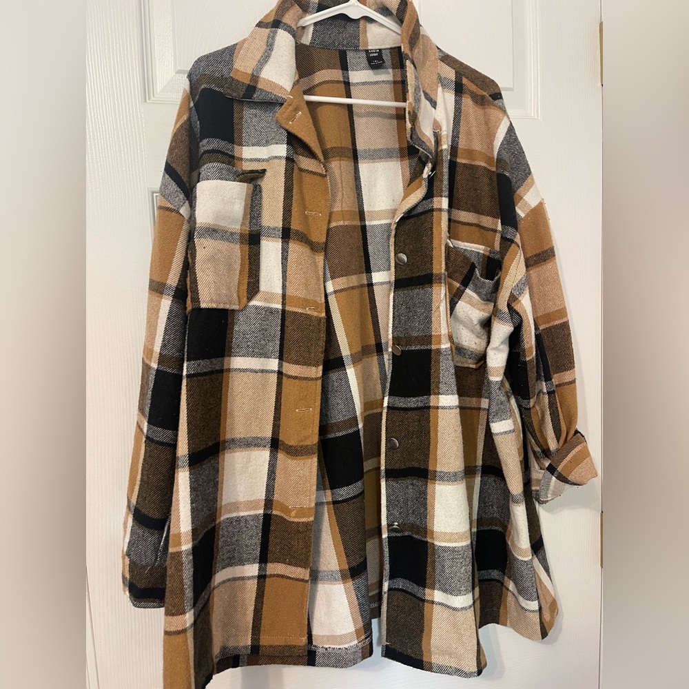 Camel Brown, Black and White Checkered Shacket - OVERSIZED